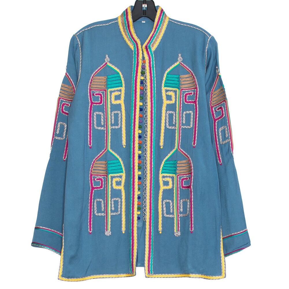 Tunic Top Embroidered Bohemian Artisan Southwestern Button Up Colorful Medium
